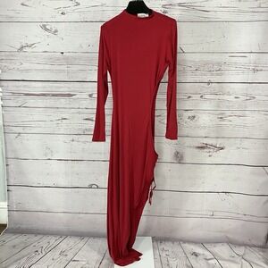 SNDYS Red Bodycon Maxi Dress Ruched Side Cutout Long Sleeve Sz AU 10 US 6